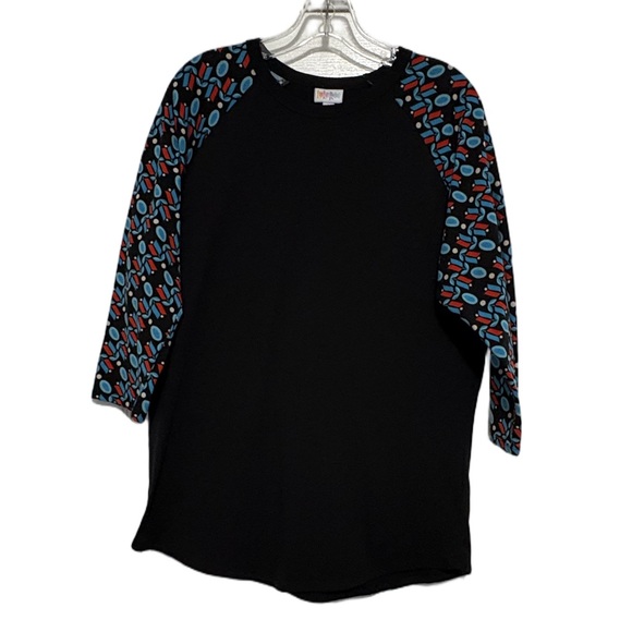 LuLaRoe Tops - LuLaRoe Randy Tee Black with Blue Patterned Sleeves
